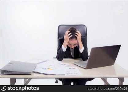 working woman are stressed from pile of work  in front of her in work concept - asian woman stressful job concept.