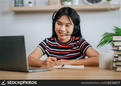 working woman reading a book on the table and wearing headphones