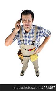 Workman on phone isolated on white background