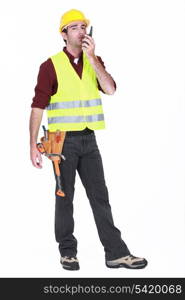 Workman using walkie-talkie on white background