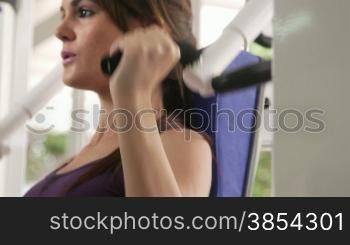 Workout and wellness in fitness club, beautiful young caucasian woman exercising in gym. Sequence