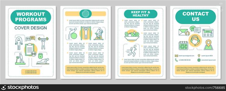 Workout programs brochure template layout. Fitness. Gym training exercises. Flyer, booklet, leaflet print design. Physical activities and healthy nutrition. Vector page layouts for magazines, posters. Workout programs brochure template layout