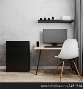 Workplace with PC on loft style wooden table with white chair, black chest of drawers and empty gray wall, work from home concpet, home interior, 3d rendering