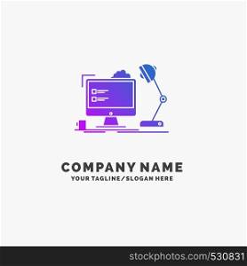 workplace, workstation, office, lamp, computer Purple Business Logo Template. Place for Tagline.. Vector EPS10 Abstract Template background