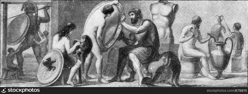 Workshop for the manufacture of bronze in ancient Greece, vintage engraved illustration. From the Universe and Humanity, 1910.