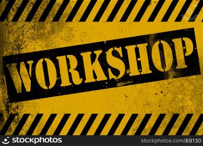 Workshop sign yellow with stripes, 3D rendering