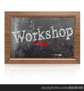 Workshop text written on blackboard, 3D rendering. Blank blackboard