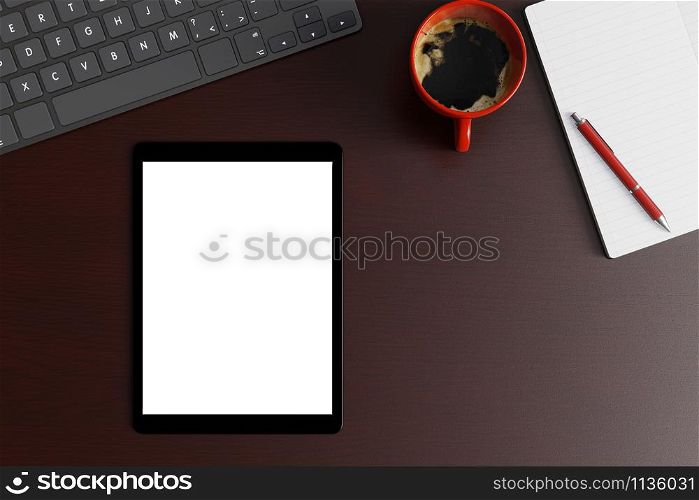 Workspace desk with tablet blank white screen, keyboard and red cup of coffee on wood table. Top view flat lay with copy space.