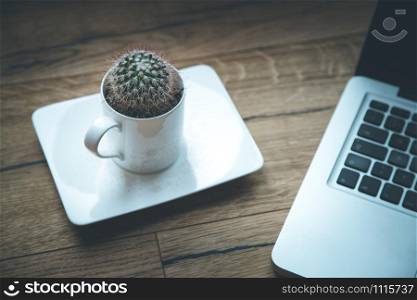 Workspace from above: Laptop and cactus on a wooden desk