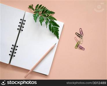 Workspace with blank notebook, pencil and green leaf. Business planning, school concept. Flat lay styling.