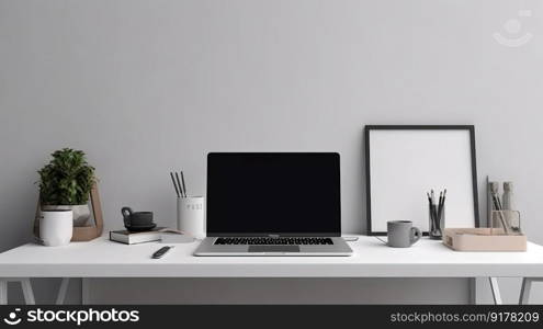 Workspace with laptop mockup. Illustration Ge≠rative AI 