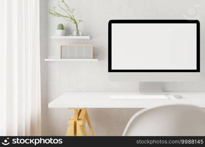 Workspace with mockup blank screen laptop computer. 3D Rendering.