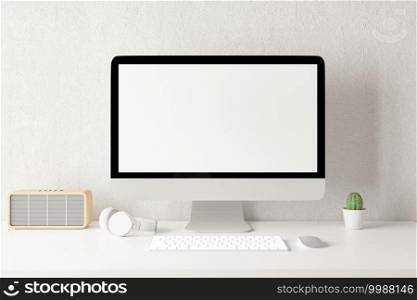 Workspace with mockup blank screen laptop computer. 3D Rendering.