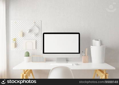 Workspace with mockup blank screen laptop computer. 3D Rendering.