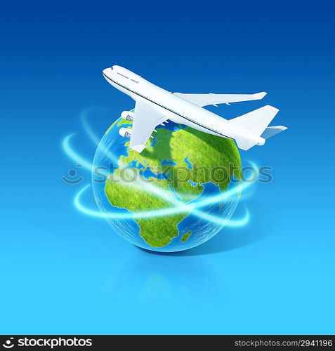 World airlines concept. Airplane flying over earth globe. Little tiny planets collection.