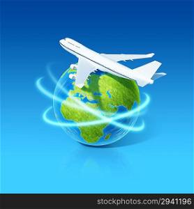 World airlines concept. Airplane flying over earth globe. Little tiny planets collection.