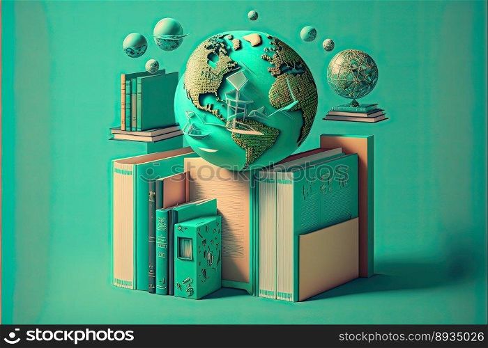 World book s day. Many books forming a globe in turquoise color. Generative AI