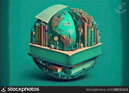 World book s day. Many books forming a globe in turquoise color. Generative AI