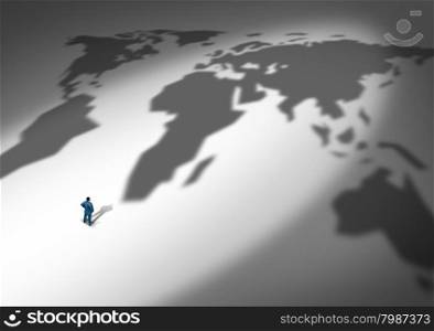 World business strategy and global planning as a person or businessman standing in front of a cast shadow of a global map as a metaphor for company expansion to new markets through exports and imports of international goods and services.