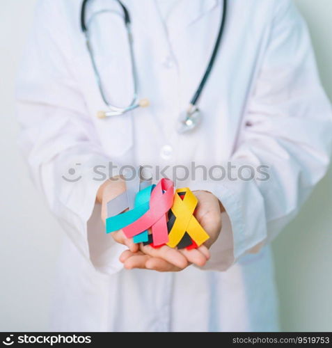 World cancer day, February 4. Doctor hold colorful ribbons, blue, yellow, red, green, white, pink and grey for supporting people living and illness. Health, Medical, awareness and Insurance concept