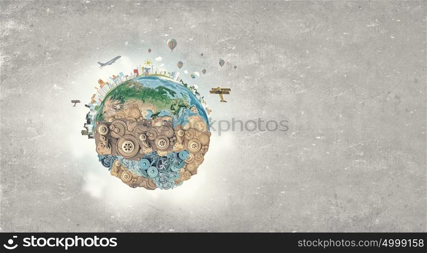 World creation mechanisms. Earth planet made of gears. Elements of this image are furnished by NASA