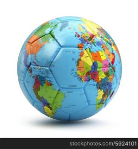 World cup concept. Soccer or football ball with world map. 3d