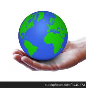 World ecology and environment business concept with a green and blue earth or globe and an open hand on white background.