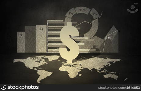 World economy. Financial background image with map graphs and dollar sign