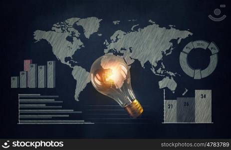 World economy. Light bulb and world economy concept over black background