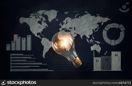 World economy. Light bulb and world economy concept over black background