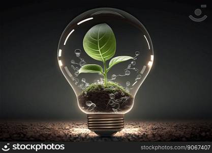 World environment and earth day concept with plants growing in a lightbulb on a dark background. Eco friendly enviroment. Generative AI