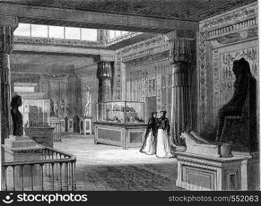 World Expo 1867 Inside view of the Egyptian temple, vintage engraved illustration. Magasin Pittoresque 1867.