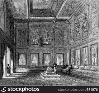 World Expo 1867, The House of the Bosphorus, interior view, vintage engraved illustration. Magasin Pittoresque 1867.