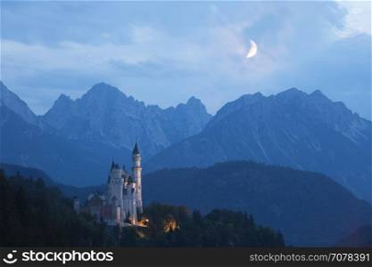 World-famous Neuschwanstein Castle at night, Germany, European landmark