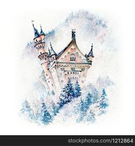 World-famous tourist attraction in Bavarian Alps, fairytale Neuschwanstein Castle, 19th century Romanesque Revival palace in winter, Bavaria, Germany. Fairytale Neuschwanstein Castle, Bavaria, Germany