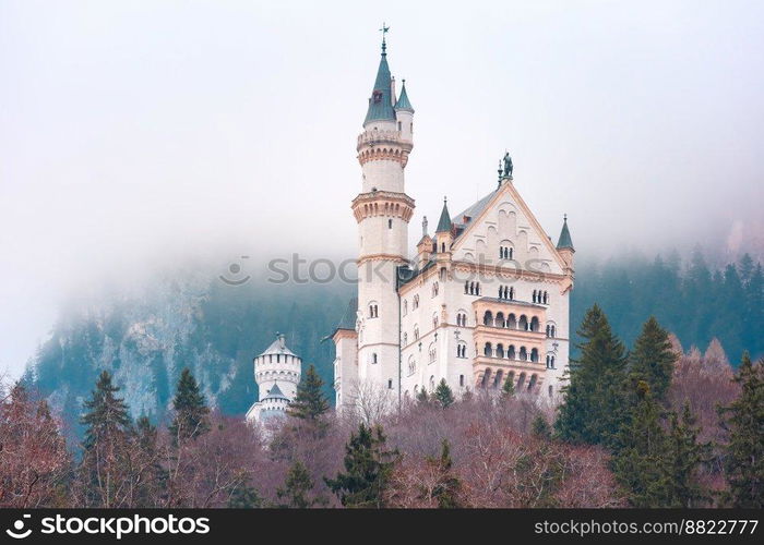 World-famous tourist attraction in the Bavarian Alps, fairytale Neuschwanstein or New Swanstone Castle, the 19th century Romanesque Revival palace in the foggy day, Hohenschwangau, Bavaria, Germany. Fairytale Neuschwanstein Castle, Bavaria, Germany