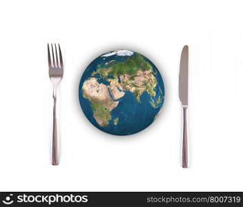 World globe ball with fork and knife isolated on white background, Elements of this image furnished by NASA