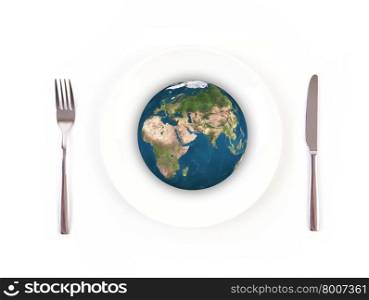 World globe ball with fork and knife isolated on white background, Elements of this image furnished by NASA