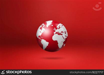 World globe, earth map, floating over a red background. 3D isolated illustration. Horizontal template. World globe, earth map, isolated on red. Horizontal background