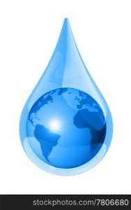 world globe map in a water drop isolated on white. 3D ecology symbol. earth water drop
