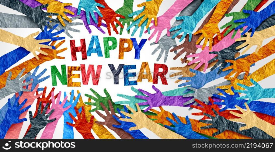 World Happy New Year diversity as international cultures celebrating a winter Holiday as a concept of positive diversity celebration of newyears eve as diverse hands holding together greeting text.