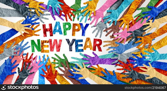 World Happy New Year diversity as international cultures celebrating a winter Holiday as a concept of positive diversity celebration of newyears eve as diverse hands holding together greeting text.