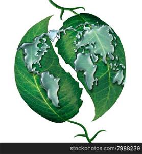 World leaf water drop concept as a group of liquid rain drops shaped as the map of the earrth on green leaves as a symbol and metaphor for ecology protection or clean global water isolated on a white background.