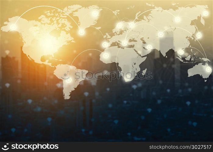World map and digital connection technology icons with blurred c. World map and digital connection technology icons with blurred city on background. Business and technology background concept.