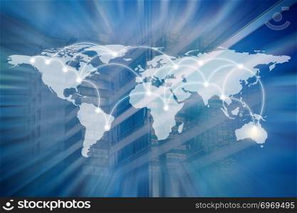 World map and network sketch with building background, Elements of this image furnished by NASA