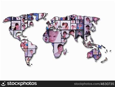 World map background with people portraits on it