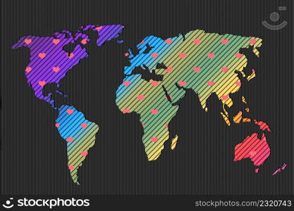 World map design with heart pattern. Earth with continents. Map of europe and america, Asia and Australia. Flat Earth map template for web site pattern, anual report, inphographics.