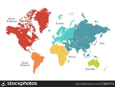 World map divided into six continents in different color. Colored map of the World with countries borders. Illustration stock
