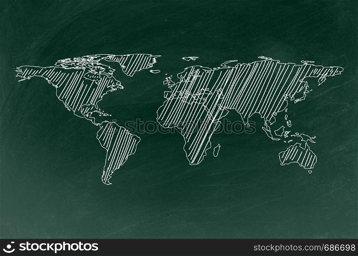 World map drawing on chalkboard texture background, blackboard sketch global presentation, education concept.