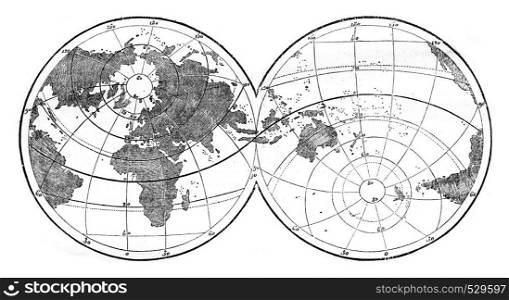 World map featuring evidence the unequal distribution of land and water on the surface of the globe, vintage engraved illustration. Magasin Pittoresque 1847.